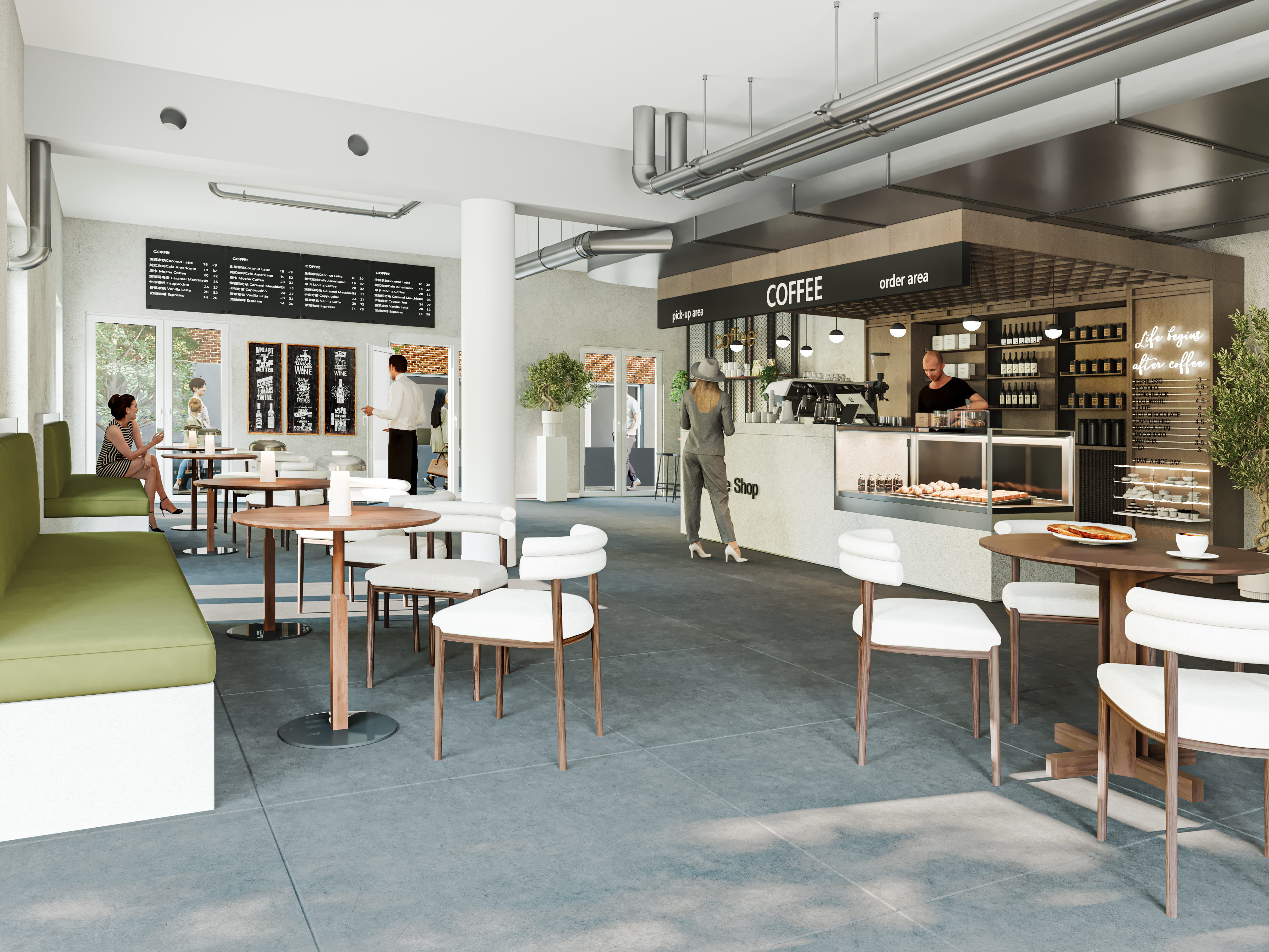 Virtuelles Staging einer Gewerbeimmobilie als modernes Bäckerei-Café. Die fotorealistische 3D-Visualisierung zeigt ein stilvolles Gastronomie-Konzept im Industrial Design: Eine markante Kaffee-Theke mit Holzverkleidung, Glasvitrine und Barista bildet das Herzstück. Der großzügige Gästebereich lädt mit einer langen grünen Polsterbank, runden Holztischen und modernen weißen Design-Stühlen zum Verweilen ein. Graue Bodenfliesen, sichtbare Deckenrohre, Menüboards und große Fensterfronten unterstreichen das zeitgemäße Ambiente. Eine perfekte digitale Rauminszenierung für die Vermarktung von Gastro-Flächen.